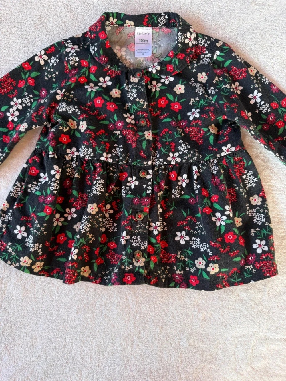 Carter's Black Floral Button-Front Top with Red and White Blooms Size 18M